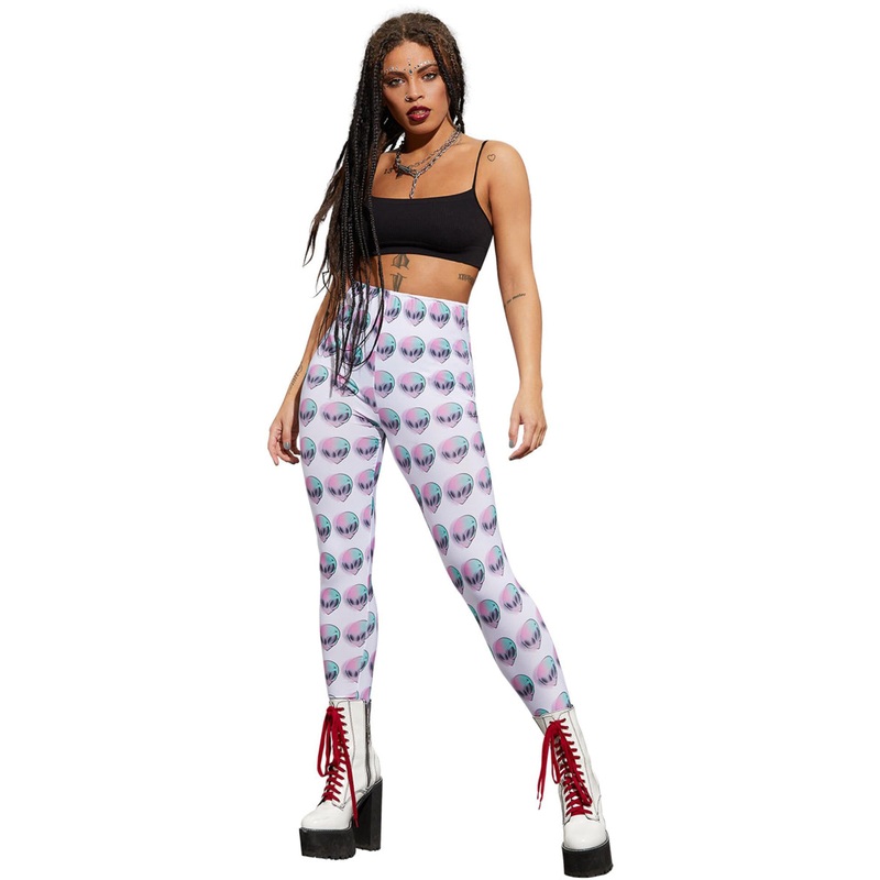 High-Waisted Womens Alien Print Costume Leggings
