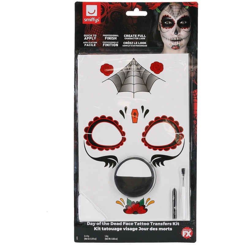 Day of the Dead Face Tattoo Transfers Kit, Red & Black