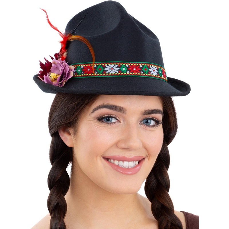 Oktoberfest Adults Black Dirndl Trenker Hat with Flower Hat Band