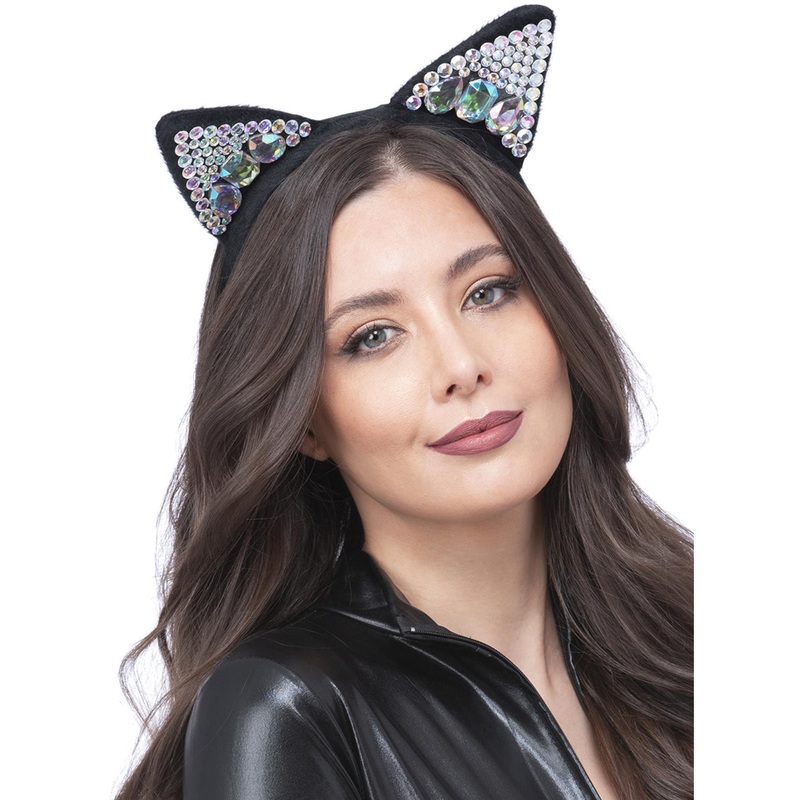 Sparkly Jewelled Rhinestone Black Cat Ears Headband