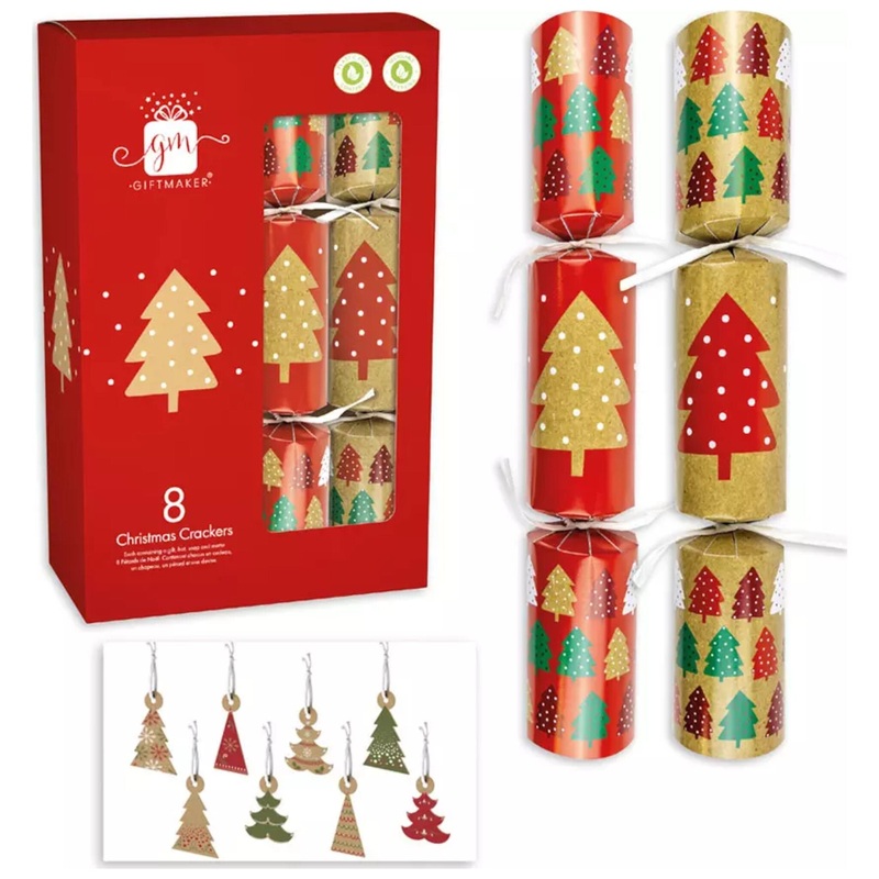 Giftmaker Red and Kraft Trees Christmas Crackers - Pack of 8