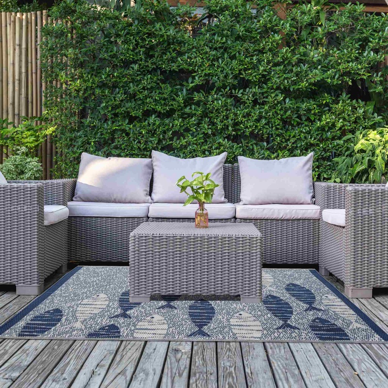 Fish Design Outdoor Rug|S|M|L|Light Blue|Dark Blue