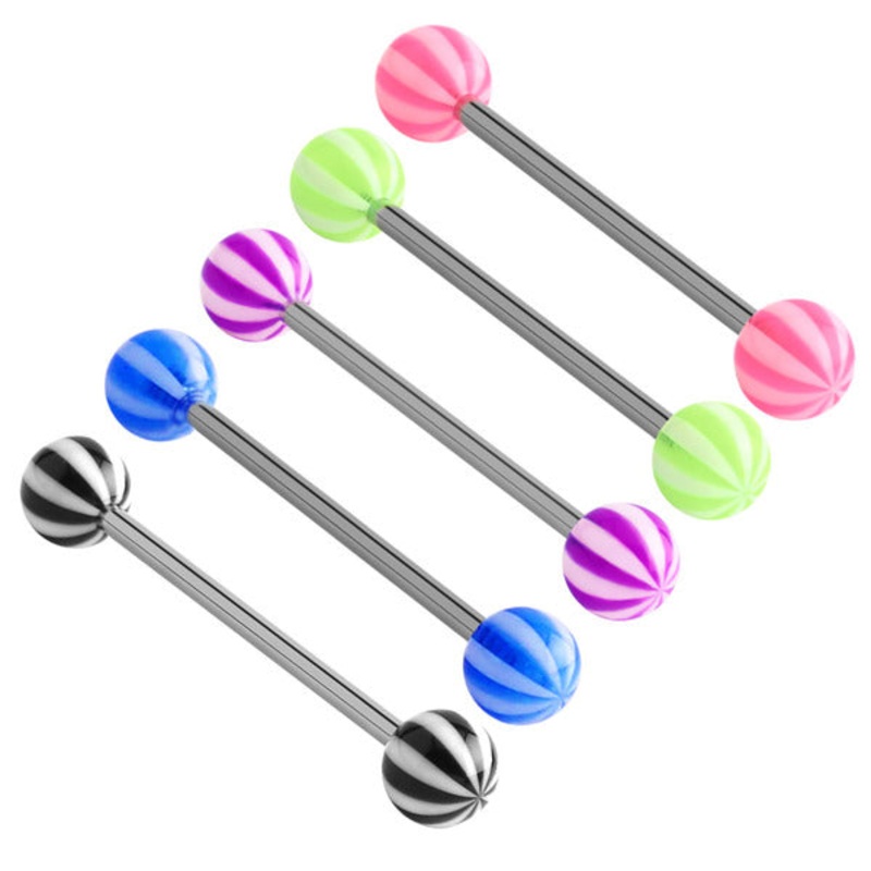 Acrylic Beach Barbell 1.6mm|10mm|12mm|14mm|16mm|5mm|6mm|Pack of all 5 shown|Black (one bar only)|Blue (one bar only)|Green (one bar only)|Pink (one bar only)|Purple (one bar only)