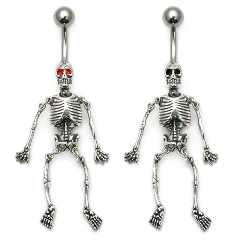 Belly Bar - Skeleton (TU307)|1.6mm, 10mm, Jet Black Jewelled Eyes|1.6mm, 10mm, Red Jewelled Eyes