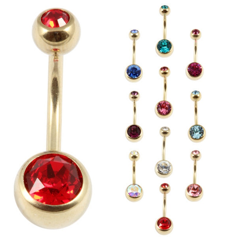 Zircon Titanium Double Jewelled Belly Bars (Gold colour)