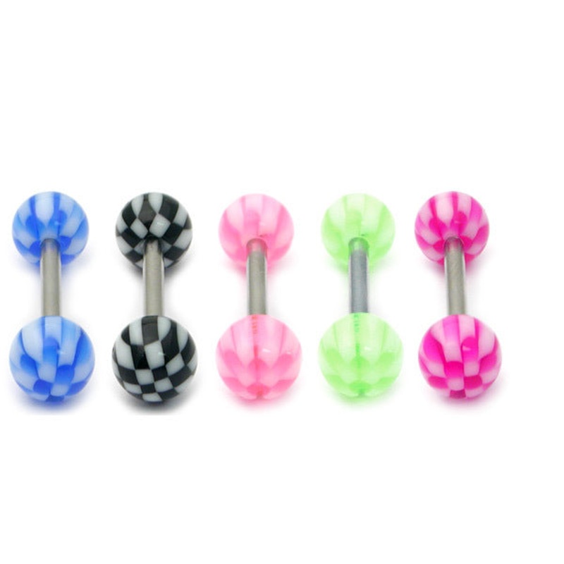 Acrylic Checker-A Barbell|1.6x10mm|1.6x12mm|1.6x14mm (most popular)|1.6x16mm|5|6|Black|Blue|Green|Pack of all 5 shown|Pink|Purple