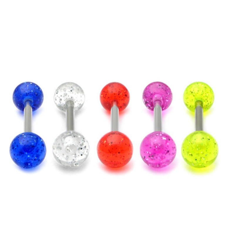 Acrylic Glitter Barbell|1.6x10mm|1.6x12mm|1.6x14mm (most popular)|1.6x16mm|5|6|Blue|Clear|Green|Pack of all 5 shown|Purple|Red