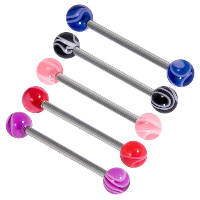 Acrylic Marble Barbell 1.6mm|10mm|12mm|14mm|16mm|6mm|5mm|Pack of all 5 shown|Pack of all 5 shown. NB: Pink will be substituted for Yellow.|Black (one bar only)|Blue (one bar only)|Purple (one bar only)|Red (one bar only)|Pink (one bar only)
