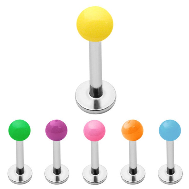 Acrylic Neon Labrets 1.2mm|1.2mm x 6mm|1.2mm x 8mm|1.2mm x 10mm|1.2mm x 12mm|green|orange|pink|purple|yellow|Mix pack of all 6 colours shown