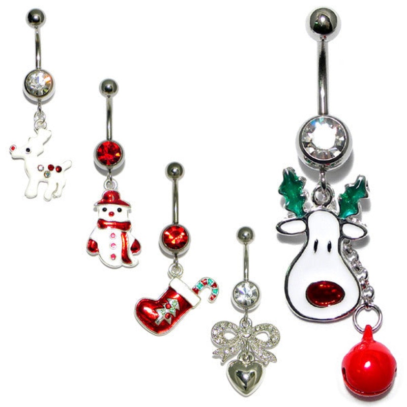 Belly Bar - Christmas (XMAS)|XMAS-2 - Snowman, 1.6mm, 10mm, Red|XMAS-7 - Rudolph, 1.6mm, 10mm, Red|XMAS-14 - Double Snowflake, 1.6mm, 10mm, Crystal Clear