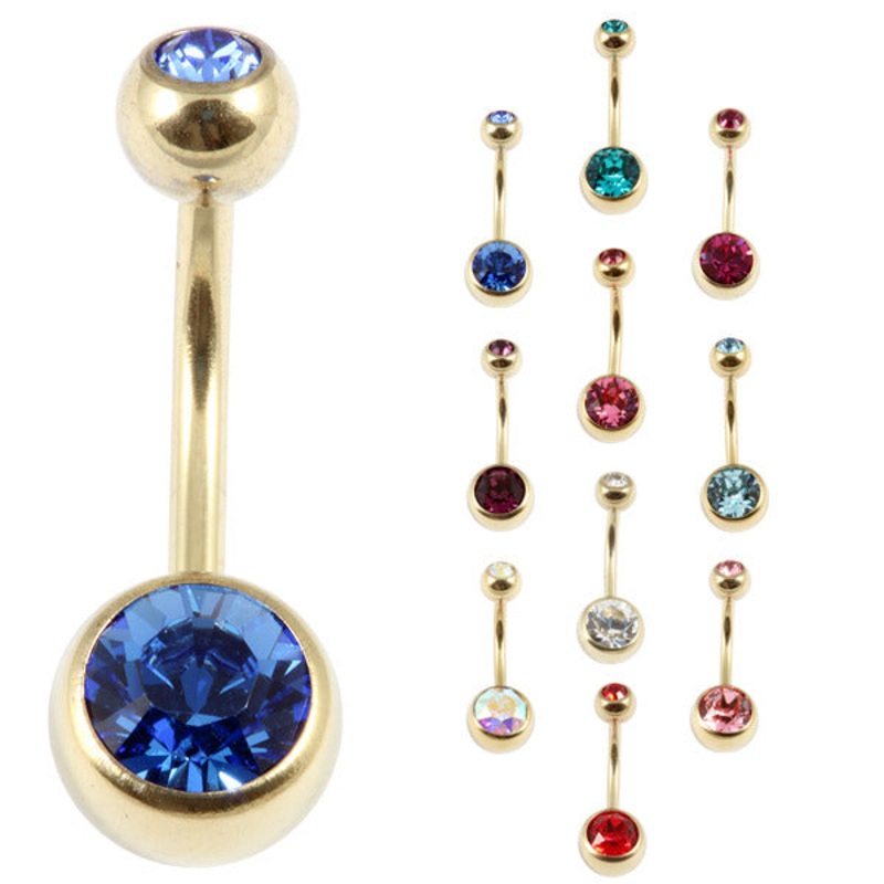 Zircon Steel Double Jewelled Belly Bars (Gold colour)