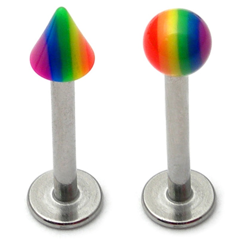 Acrylic Rainbow Labrets|1.2mm Gauge, 6mm Length|1.2mm Gauge, 8mm Length|1.2mm Gauge, 10mm Length|3mm Ball|3mm Cone