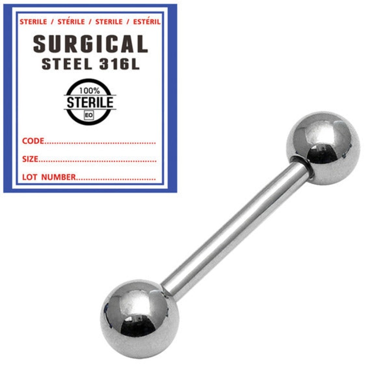 Sterile Steel Barbell 1.6mm|1.6mm, 10mm, 4mm balls|1.6mm, 12mm, 4mm balls|1.6mm, 14mm, 5mm balls|1.6mm, 16mm, 5mm balls|1.6mm, 18mm, 5mm balls|1.6mm, 20mm, 5mm balls|1.6mm, 22mm, 5mm balls