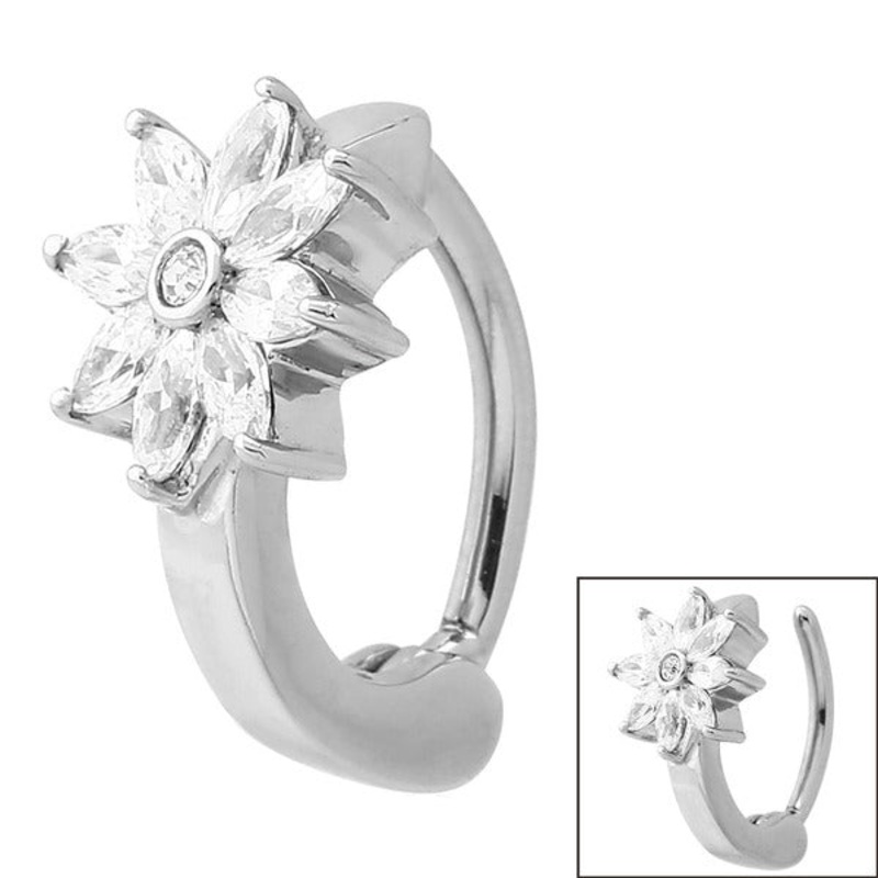 Steel Huggie Belly Clicker Ring - Jewelled Daisy Flower
