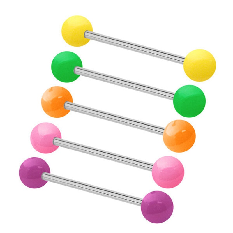 Acrylic Neon Barbell 1.6mm|1.6mm, 10mm, 5mm, Pack of all 5.|1.6mm, 12mm, 5mm, Pack of all 5.|1.6mm, 14mm, 5mm, Pack of all 5.|1.6mm, 16mm, 5mm, Pack of all 5.|1.6mm, 10mm, 6mm, Pack of all 5. NB: Blue not green as shown|1.6mm, 12mm, 6mm, Pack of all 5. NB