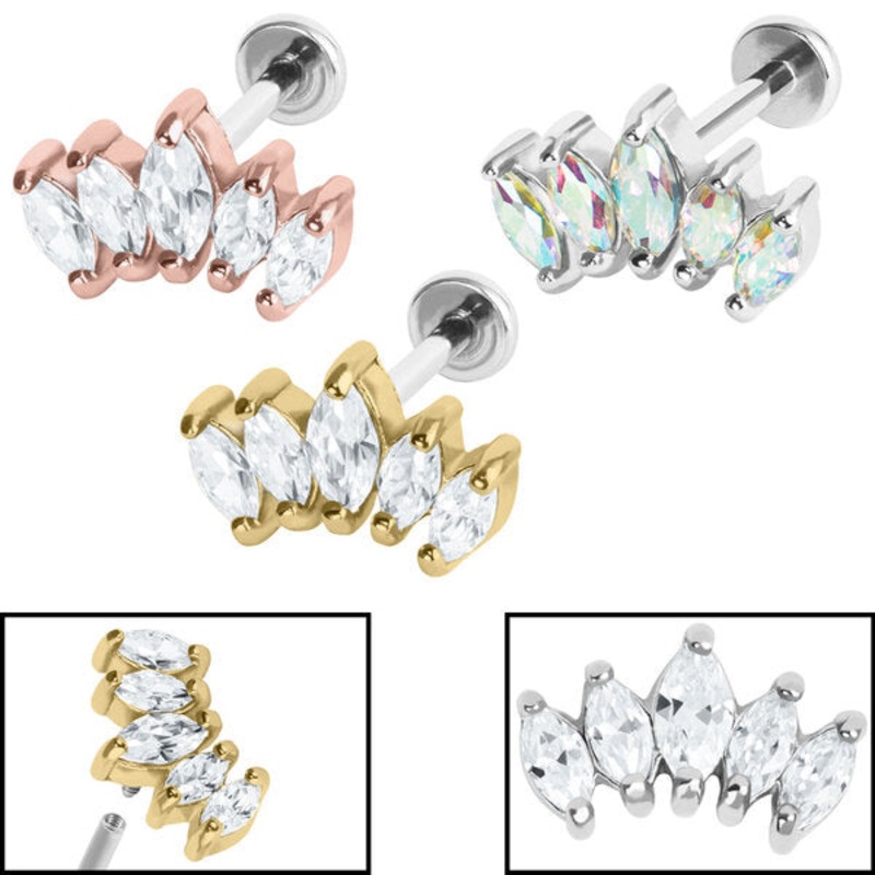 Titanium Internally Threaded Labrets 1.2mm - Steel 5 Jewel Marquise Fan