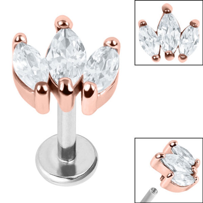 Titanium Internally Threaded Labrets 1.2mm - Steel Claw Set 3 CZ Jewel Marquise Fan