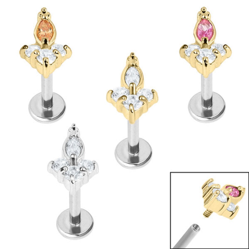 Titanium Internally Threaded Labrets 1.2mm - Steel Claw Set CZ Marquise Jewelled Asia Trinity