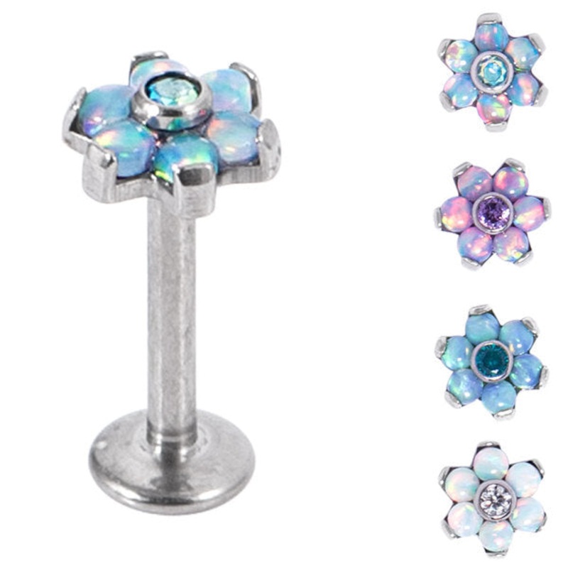 Titanium Internally Threaded Labrets 1.2mm - Titanium Claw Set CZ Jewelled and 6 Point Synth Opal Flower