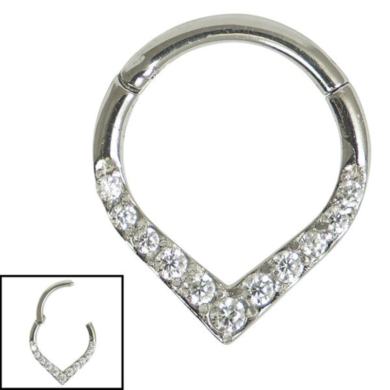 Steel Pave Set Jewelled V-Shape Hinged Segment Ring (Clicker)