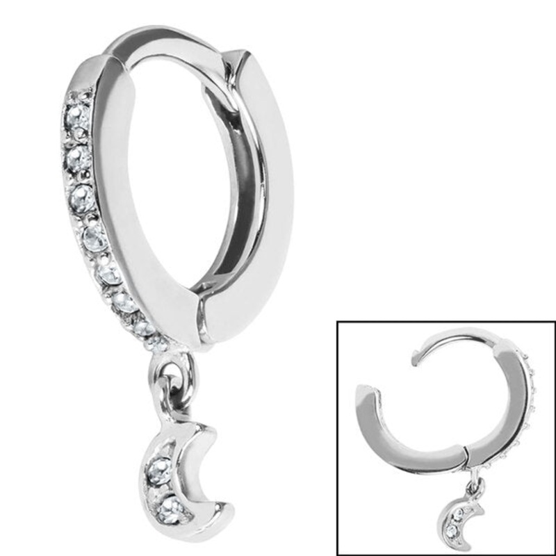 Surgical Steel Huggie Clicker Ear Ring - Jewelled Crescent Moon Dangle