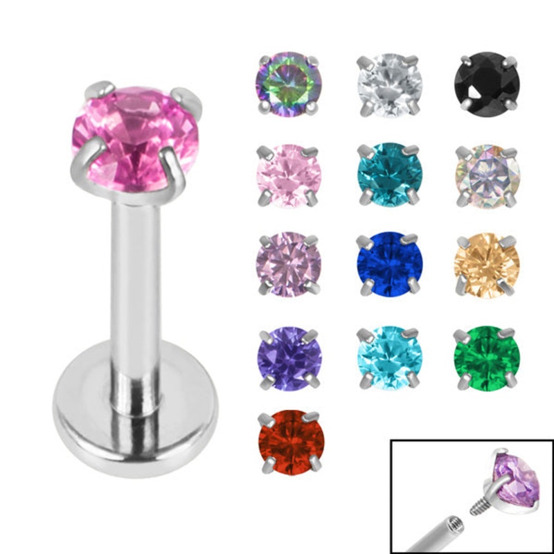 Titanium Internally Threaded Labrets 1.2mm - 3mm Titanium Claw Set Round CZ Jewel