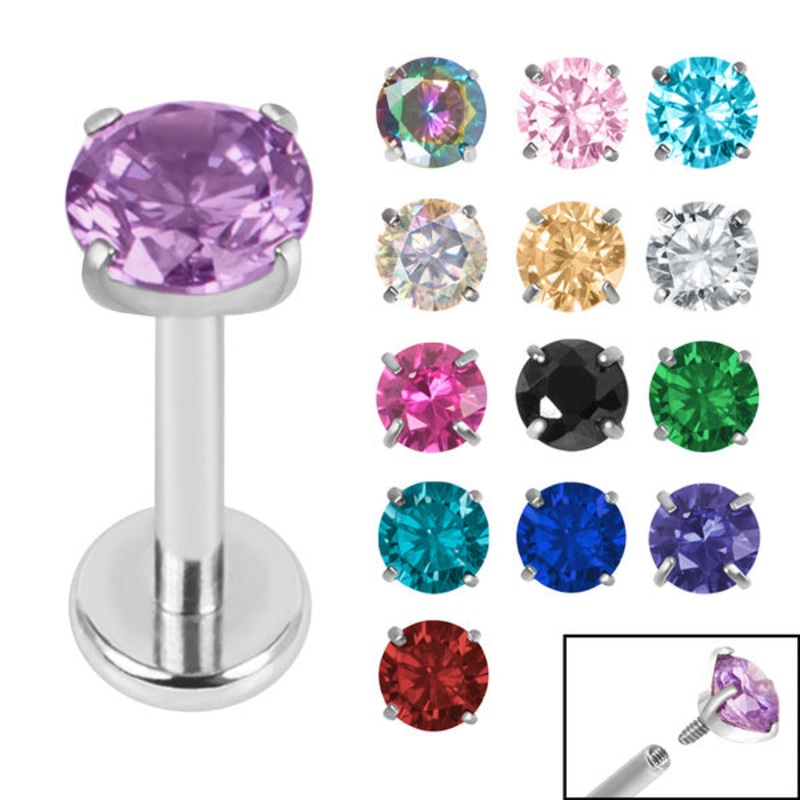 Titanium Internally Threaded Labrets 1.2mm - 4mm Titanium Claw Set Round CZ Jewel