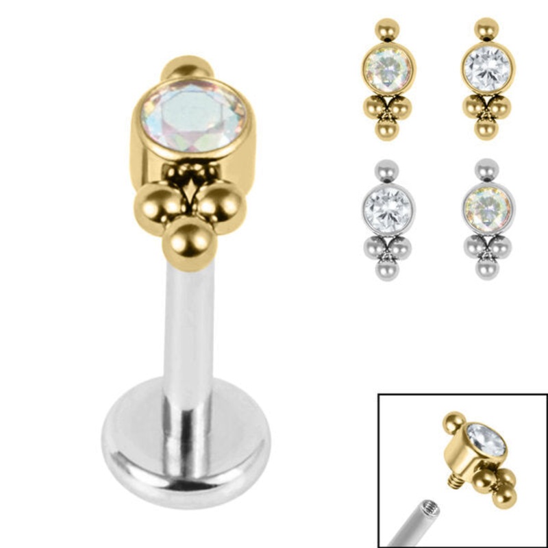 Titanium Internally Threaded Labrets 1.2mm - Titanium Bezel Set Single Jewelled Asia Top