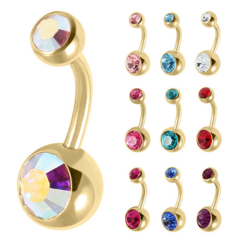 Gold Titanium Double Jewelled Belly Bars