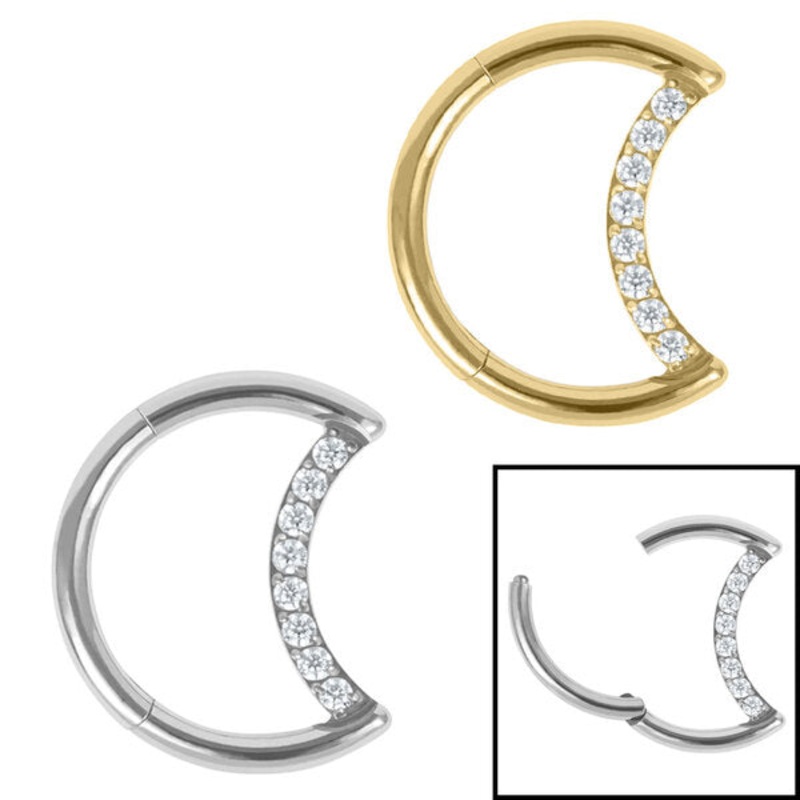 Titanium Claw Set Jewelled Crescent Moon Hinged Clicker Ring