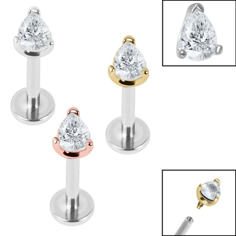 Titanium Internally Threaded Labrets 1.2mm - Steel Claw Set Jewelled Pear Cut
