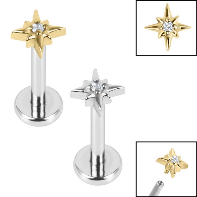 Titanium Internally Threaded Labrets 1.2mm - Steel Jewelled 8 Point Star
