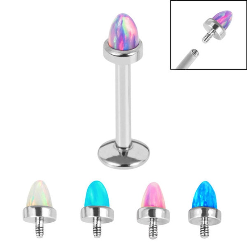 Titanium Internally Threaded Labrets 1.2mm - Titanium Bezel Set Synth Opal Cone