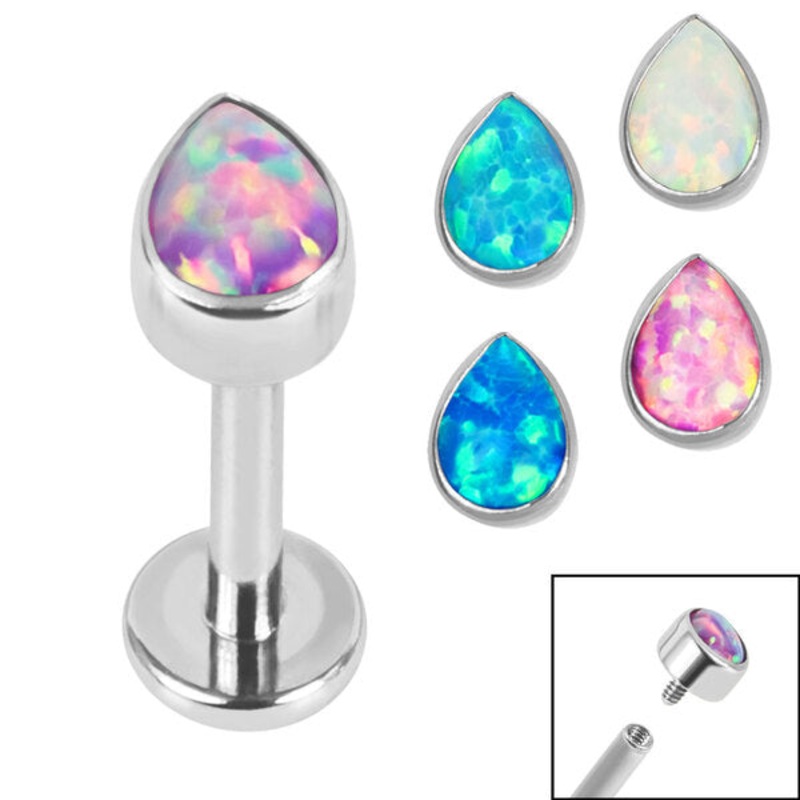 Titanium Internally Threaded Labrets 1.2mm - Titanium Bezel Set Synth Opal Pear
