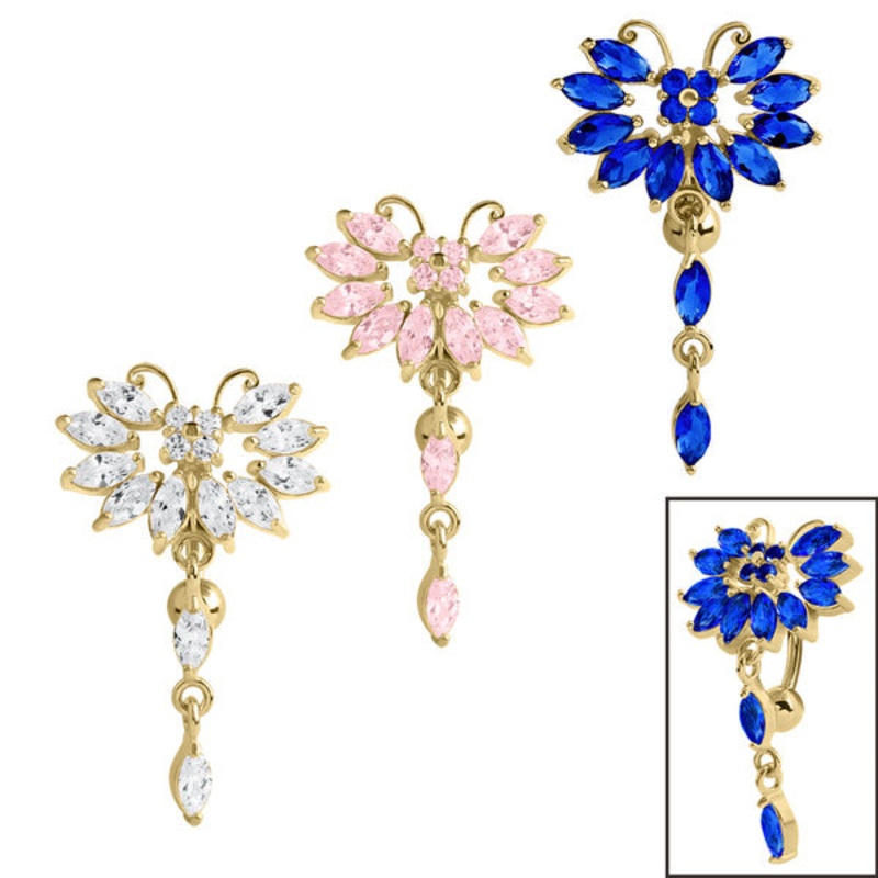 Belly Bar - Gold Steel Claw Set Marquise Jewelled Butterfly