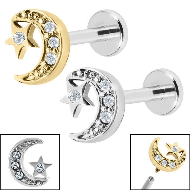 Titanium Internally Threaded Labrets 1.2mm - Steel Jewelled Half Moon and Star