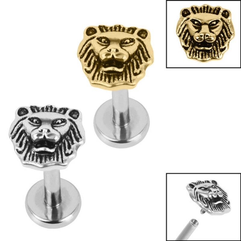 Titanium Internally Threaded Labrets 1.2mm - Steel Lion Head