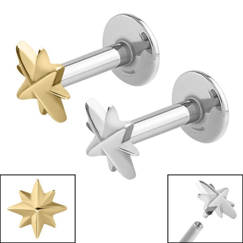 Titanium Internally Threaded Labrets 1.2mm - Steel Shiny 8 Point Star