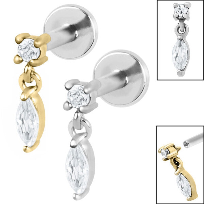 Titanium Internally Threaded Labrets 1.2mm - Steel Solitaire with Marquise Drop Gem