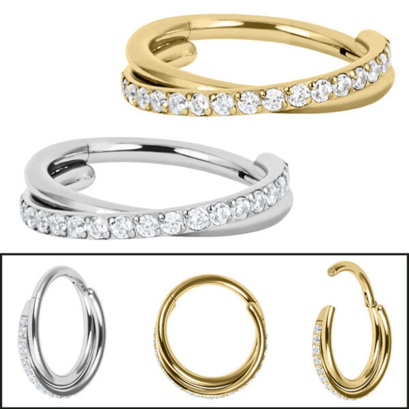 Titanium Pave Set Jewelled Crossover Hinged Clicker Ring