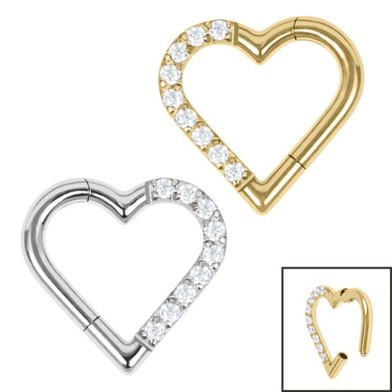 Titanium Pave Set Jewelled Heart Hinged Clicker Ring