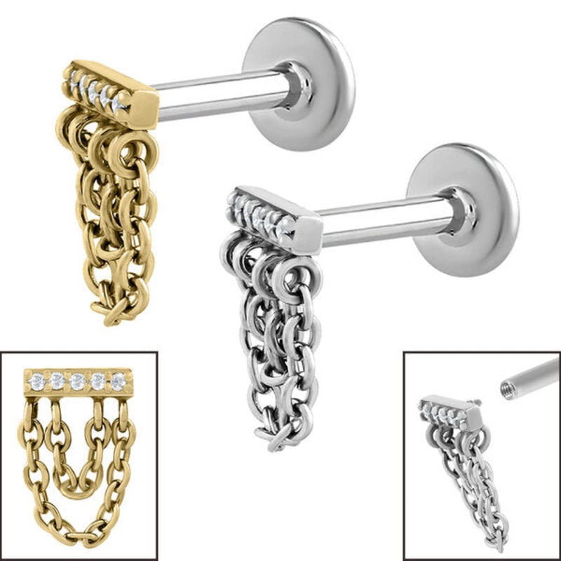 Titanium Internally Threaded Labrets 1.2mm - Steel 5 Jewelled Double Loop Chain Drop