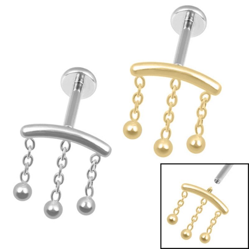 Titanium Internally Threaded Labrets 1.2mm - Titanium 3 Ball Chain Drop