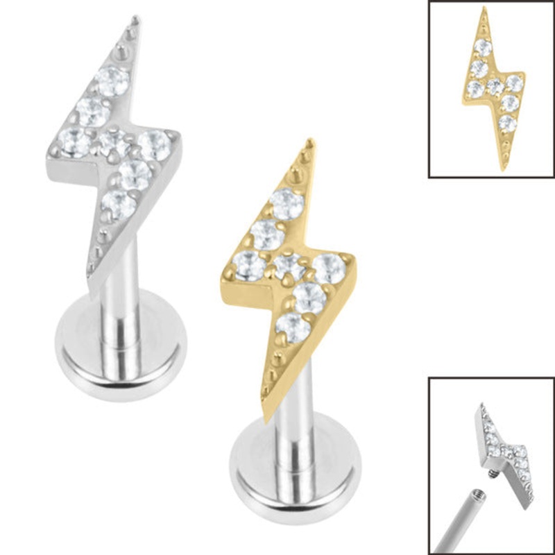 Titanium Internally Threaded Labrets 1.2mm - Titanium Jewelled Lightning Bolt