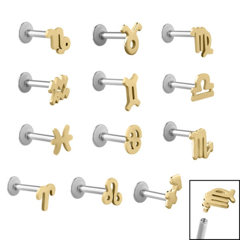 Titanium Internally Threaded Labrets 1.2mm - Gold Steel Zodiac Signs