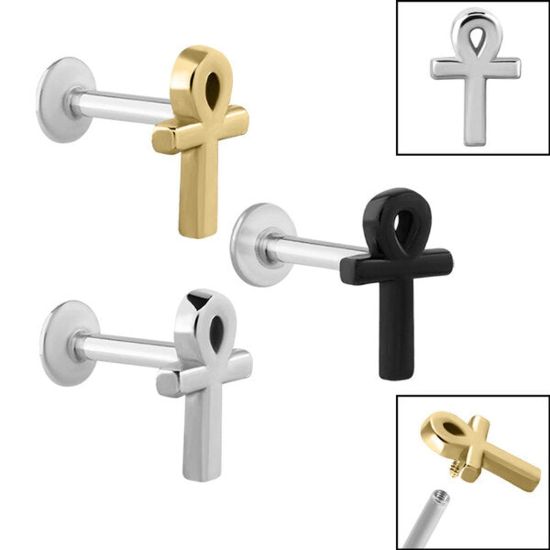 Titanium Internally Threaded Labrets 1.2mm - Steel Ankh