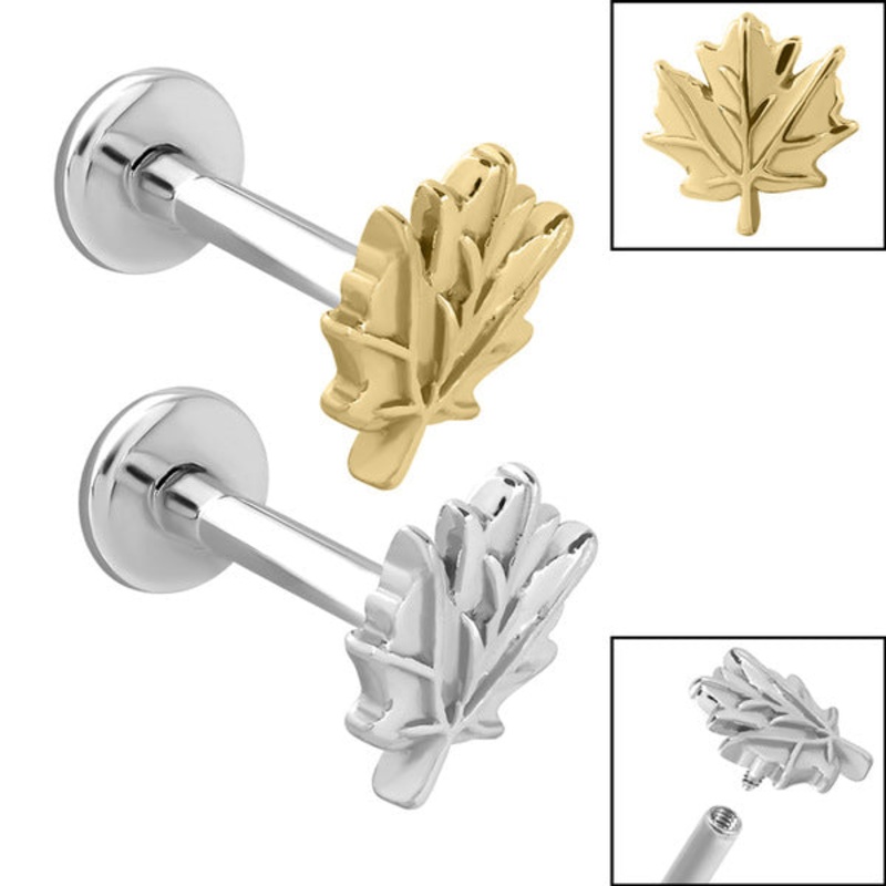 Titanium Internally Threaded Labrets 1.2mm - Steel Maple Leaf