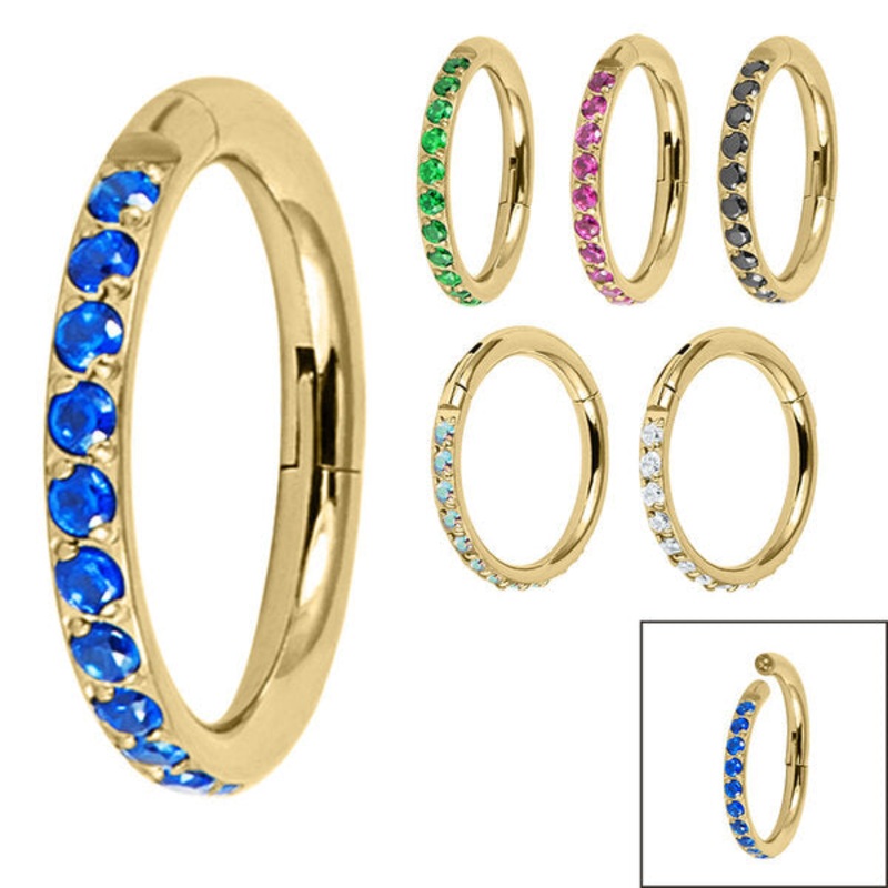 Gold Titanium 1.2mm Pave Set Jewelled Edge Hinged Clicker Ring