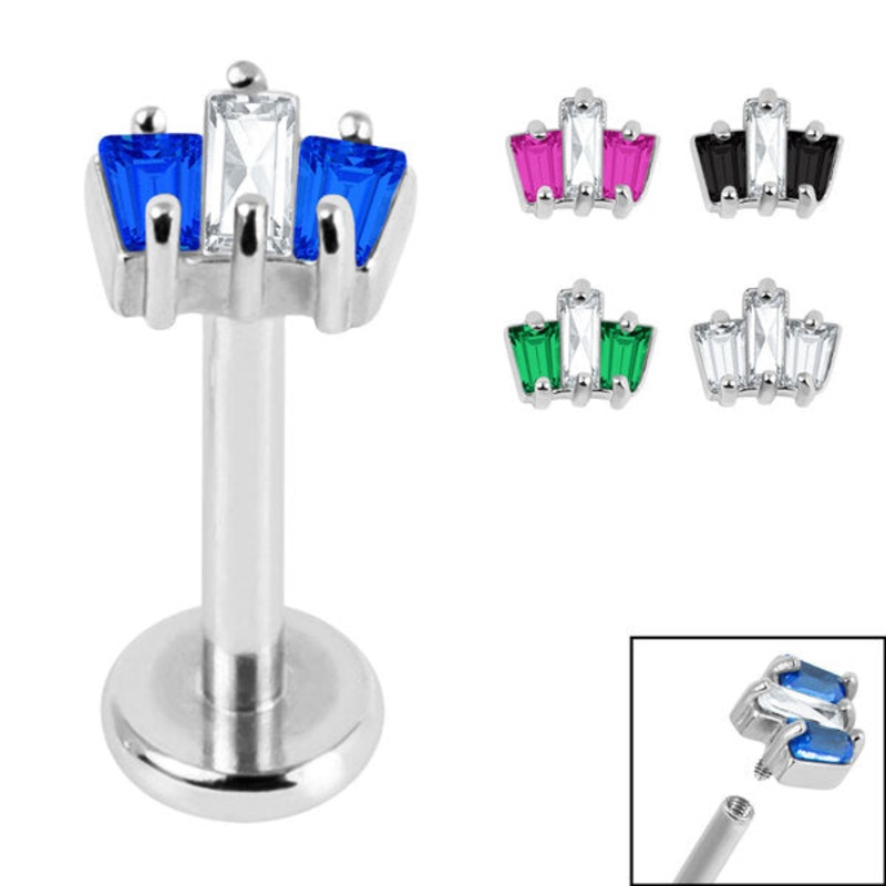 Titanium Internally Threaded Labrets 1.2mm - Steel Claw Set CZ 3 Jewelled Baguette Fan