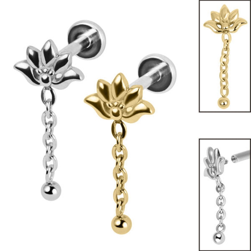 Titanium Internally Threaded Labrets 1.2mm - Steel Lotus Flower Chain Drop